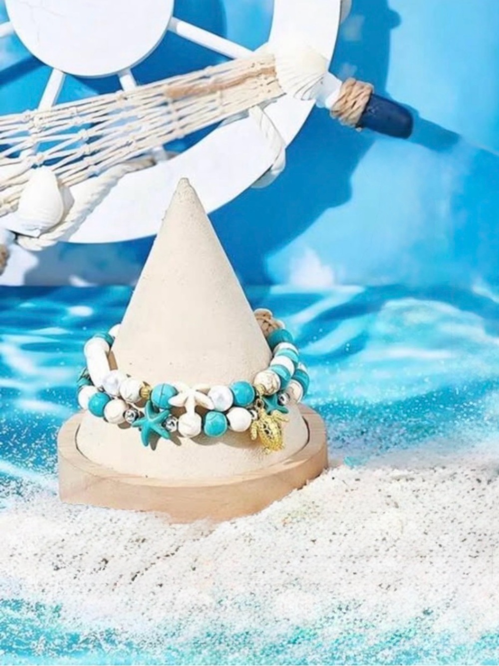 2 Turquoise and White Beaded Starfish Bracelet for Women and Men.